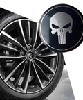 Badass American Flag Wheel Hub Cap Kit 4 Pack Slick Metal Center Hub Covers Legit Tough Waterproof Emblem Sticker For Truck Suv And Daily Driver Accessories close-up of a stylish wheel hub cap with a skull design on a modern alloy wheel.