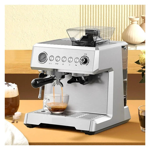 Front view of New Espresso Coffee Machine With Built In Grinder 20 Bar Pump Steam Milk Frother Semi Automatic Home Coffee Maker