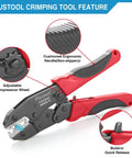 Ratcheting Crimping Tool For Heat Shrink Connectors AWG 22-10 with cushioned handle and color-coded dies for quick ID