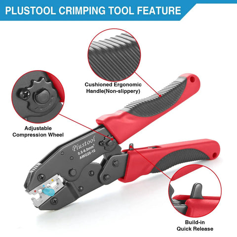 Ratcheting Crimping Tool For Heat Shrink Connectors AWG 22-10 with cushioned handle and color-coded dies for quick ID