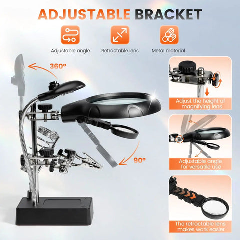 Desktop LED Magnifying Glass Soldering Station With Handy Helping Hands, adjustable bracket, 2.5X 7.5X 10X magnifier details