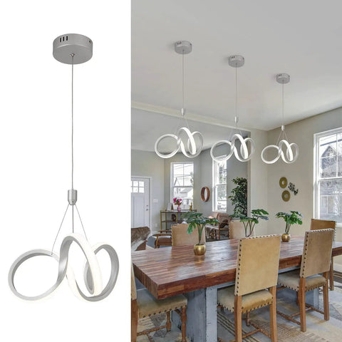 Dimmable Modern LED Chandelier For Kitchen Island Round Pendant Light hanging over dining table, shown in living room setup.