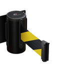 Fixed Wall Mount Retractable Belt Barrier, 11 Foot Belt Length, Black Steel Case, Yellow and Black Diagonal Stripes