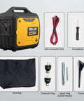 2400-Watt Portable Inverter Generator For Home Use with accessories: plugs, screwdriver, bag, wrench, and funnel included.