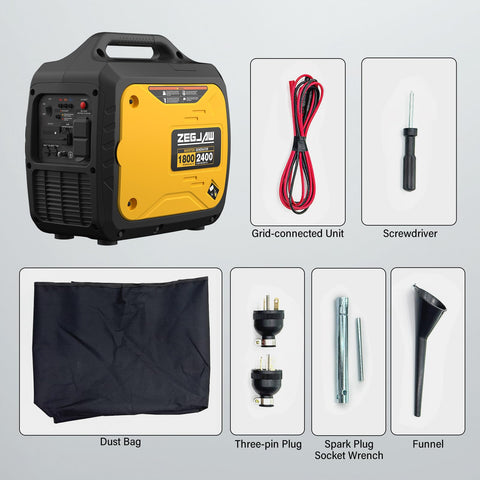 2400-Watt Portable Inverter Generator For Home Use with accessories: plugs, screwdriver, bag, wrench, and funnel included.