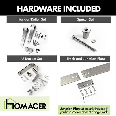 Brushed Nickel Double Track U Shape Bypass Sliding Barn Door Hardware Kit For Two Doors, 6.6ft Flat Track components included
