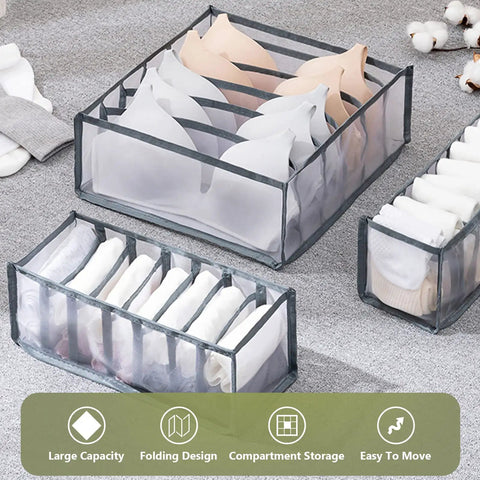 Jeans Organizer For Closet Extra Large 7 Grid Wardrobe Storage Box With Handle Built In PP Board Sturdy Foldable Clothes Organizer For Jeans Pants And Sweaters 3 Pack showcasing organized compartments.