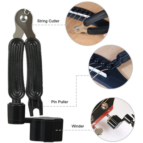 String cutter, pin puller, and winder from Guitar Work Mat Kit With Dual Height Neck Support Rest And String Winder Cutter Tool.
