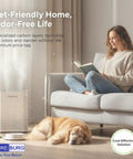Woman sitting on couch with dog near air purifier, promoting pet-friendly odor-free home with PUREBURG solution.