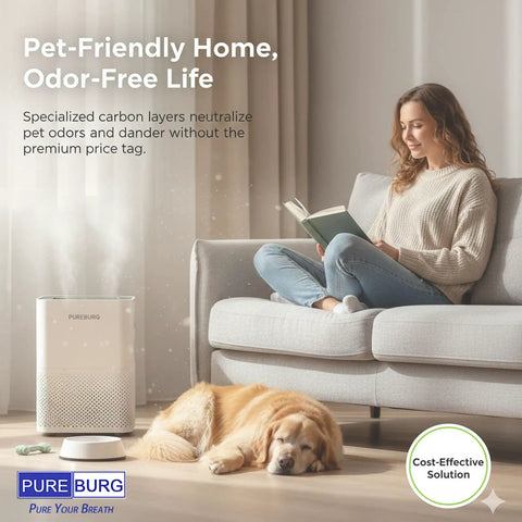 Woman reading on couch with dog sleeping next to PUREBURG purifier. Replacement Filter Compatible With Membrane Solutions MSA3 Series.