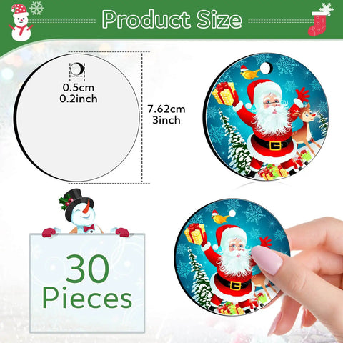 30 Pieces 3 Inch Round Sublimation Ornament Blanks For Christmas Tree Decor And DIY Crafts with Santa design