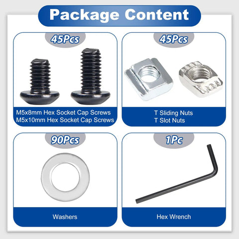 All-in-One M5 T-Nuts and Screws Kit showing hex screws, T-slot nuts, sliding nuts, washers, and hex wrench for 2020 aluminum profiles