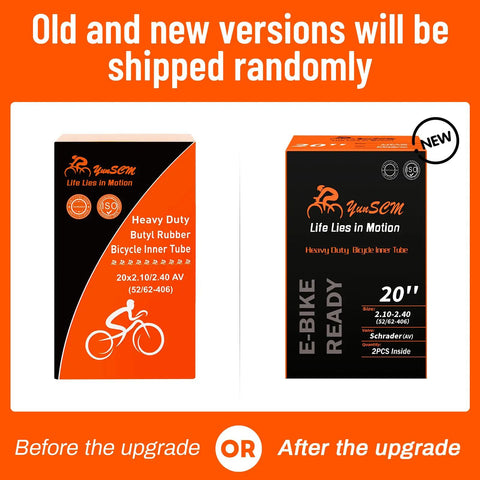Two boxes of Heavy Duty 20 Inch Bike Inner Tubes 2 Pack 20x2.10 To 2.40 Butyl With Schrader Valve, old and new versions.