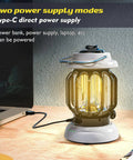 Led Camping Lantern With Rechargeable Battery And Retro Metal Construction showing Type-C power supply on desk setup