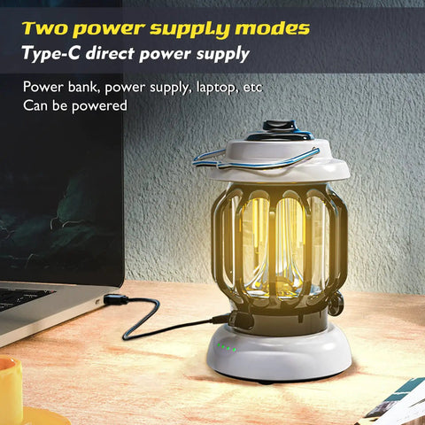 Led Camping Lantern With Rechargeable Battery And Retro Metal Construction showing Type-C power supply on desk setup