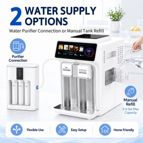 3 In 1 Countertop Ice Maker Featuring An Automatic Ice Crusher And Water Dispenser To Make Bullet Ice Shaved Treats Or Slush Fast In A Sleek Unit That Really Slaps For Home Bars Weekends And Daily Kitchen Vibes with two water supply options.