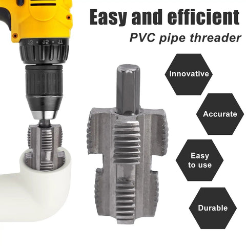 Heavy Duty PvC Pipe Threader Kit With Electric Drill Adapter featuring durable carbon steel jaws for accurate threading.