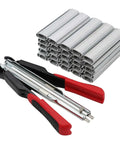 Spring Loaded Hog Ring Pliers Kit With 2500 Hog Rings For Fencing Chicken And Rabbit Cages Pet Enclosures Bag Seals And Car Interior Repairs Quick Install Pro Grade Heavy Duty Stainless Steel Tool Set, showing plier and rings.