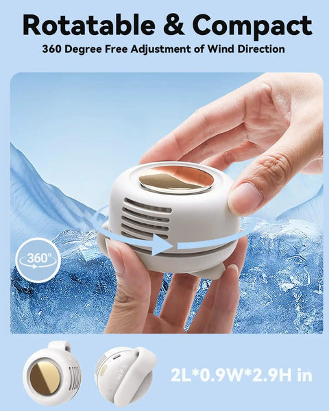 Hands holding Clip On Mini Bladeless Fan Portable Silent USB Desk And Outdoor Cooler Small Clip For Shirts Belts Or Bags 3 Speed Adjustable 360 Degree Pivot Quiet Travel Office Gizmo Gift