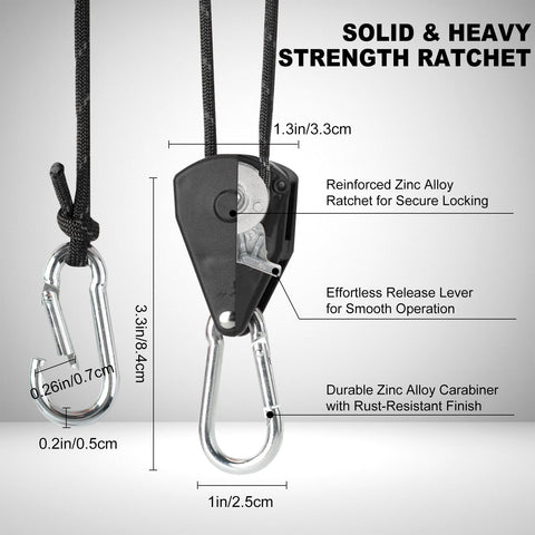 Close-up of 15 Ft Ratchet Strap Set With Paracord Tie Downs, featuring zinc alloy carabiner and ratchet mechanism, 6 pack