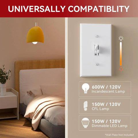 Dope Slide Dimmer Switch For Dimmable LED CFL And Incandescent Lights, 600 Watt Max, Single Pole Or 3-Way shown beside lamp.