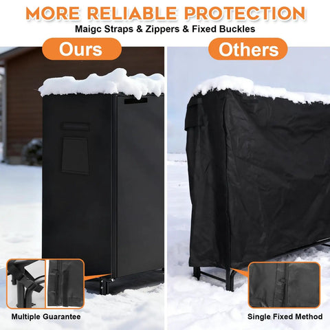 Comparison of Heavy Duty Outdoor Firewood Rack With Weatherproof Cover showing two styles with snow protection