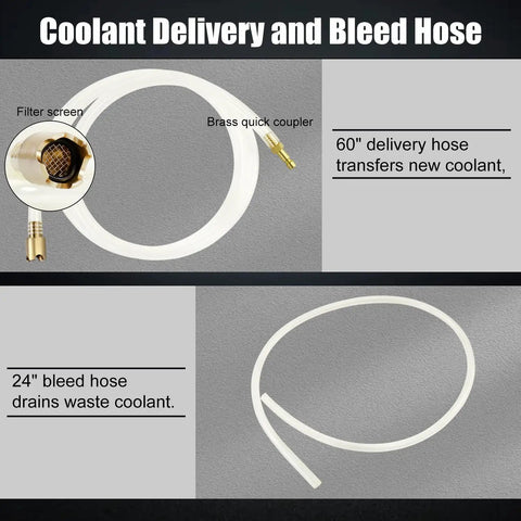 Coolant delivery and bleed hose, 60" long for new coolant transfer and 24" hose drains waste with brass quick coupler.