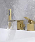Waterfall Tub Filler Faucet With Sprayer Dope 3 Hole Widespread Deck Mount Roman Tub Filler Solid Brass Brushed Gold Finish