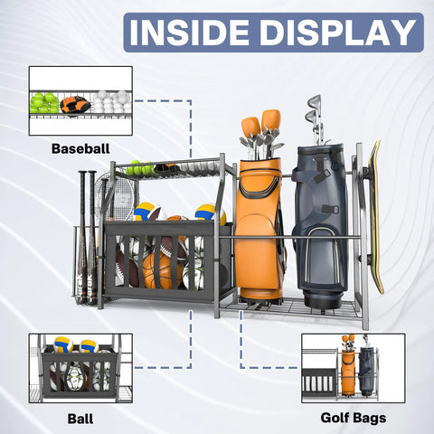 Garage Sports Gear Organizer Ball Storage Stand for Indoor Golf Bags and Gear, holds two golf bags, balls, and sports gear.