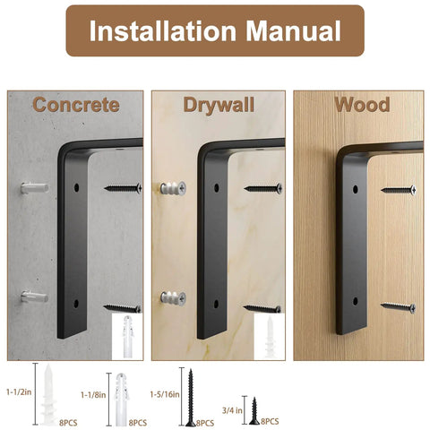 Beefy 12 Inch Wall Shelf Brackets Set Of 4 installation on concrete, drywall, and wood surfaces with screws and anchors.