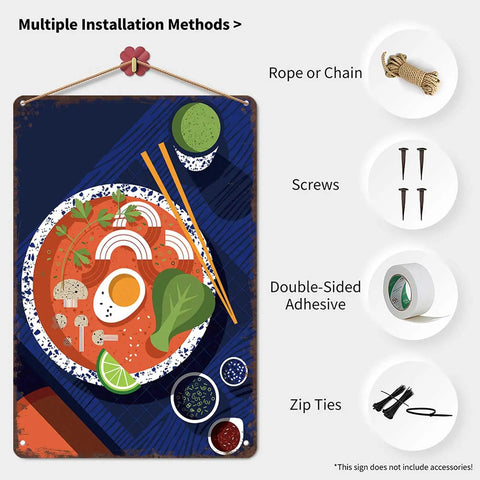 Ramen Bowl Tin Sign Metal Wall Art 8x12 Inch Vintage Style Poster with installation options shown