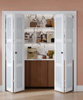 Preassembled Bi Fold Doors For 60 By 80 Inch Openings With Tempered Frosted Glass closet barn door in modern kitchen setting.