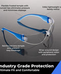 All Day Comfort Safety Glasses For Work, Lab, And Construction, ANSI Z87.1 Impact Resistant Eye Protection For Men And Women, Anti Scratch, UV400 Blocking, Lightweight Polycarbonate Wrap Around Glasses, Bulk Pack Of 24, shown with blue frame and flexible frosted temple.