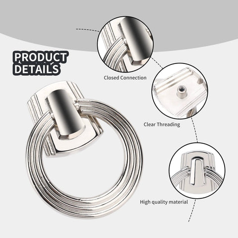 Product details of 5 Pack 2.2 Inch Footed Nickel Ring Drawer Pulls For Cabinets And Cupboards showing closed connection, clear threading, and high-quality material.