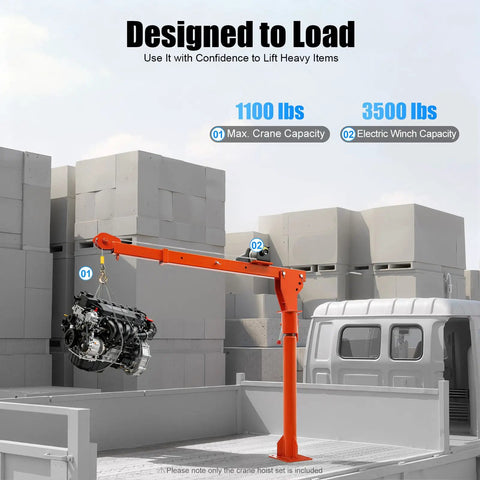 Heavy Duty Truck Mounted Crane Hoist With 1100 Lb Capacity And 12 Volt Electric Winch lifting an engine in a pickup truck bed.