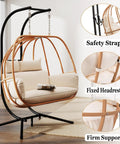 Oversized Two Person Egg Swing Chair with Stand Cozy Cushions Beige Outdoor Indoor Swing Chair showcasing safety strap, headrest, and support features.