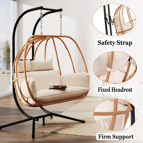 Oversized Two Person Egg Swing Chair with Stand Cozy Cushions Beige Outdoor Indoor Swing Chair showcasing safety strap, headrest, and support features.
