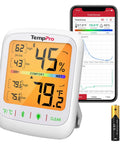 Bluetooth Hygrometer Thermometer With Large Backlit LCD, Indoor Temperature And Humidity Monitor, Ultra Accurate NTC Sensor, Remote Reading Up To 260 Feet, Simple App Sync white unit with app screen and AAA batteries