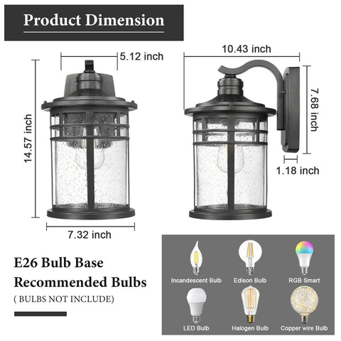Large Outdoor Porch Light Wall Mount 15 Inch Sconce With Seeded Glass dimensions and bulb recommendations display