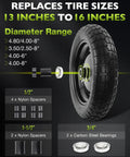 Flat Free 14.5 Inch Wheelbarrow Tire And Wheel Workhorse Replacement for garden carts with spacers and bearings diagram.