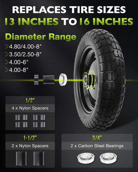 Flat Free 14.5 Inch Wheelbarrow Tire And Wheel Workhorse Replacement for garden carts with spacers and bearings diagram.