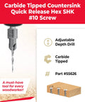 Heavy Duty 82 Degree Carbide Countersink Drill Bit, 1/4 Inch Hex Shank, Built Tough For Quick Setup And Smooth Pilot Holes Across Plywood, MDF, Chipboard, And Aluminum shown with adjustable depth feature.