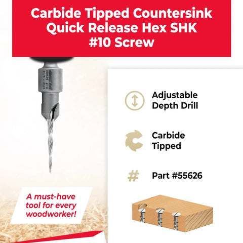 Heavy Duty 82 Degree Carbide Countersink Drill Bit, 1/4 Inch Hex Shank, Built Tough For Quick Setup And Smooth Pilot Holes Across Plywood, MDF, Chipboard, And Aluminum shown with adjustable depth feature.