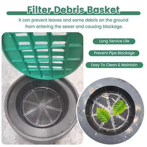 Close-up view of underground rain water catch basin with grate lid and debris basket, showcasing durable 0.2-inch polyethylene material.