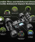 1:18 Scale 4X4 Off Road RC Truck With 2.4GHz Remote showing components like tires, chassis, motor, and battery