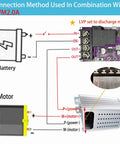 Wiring diagram showing connection for 2 In 1 Low Voltage Protector For Batteries, 40A DC 5V To 60V Cutoff, with motor and battery setup.