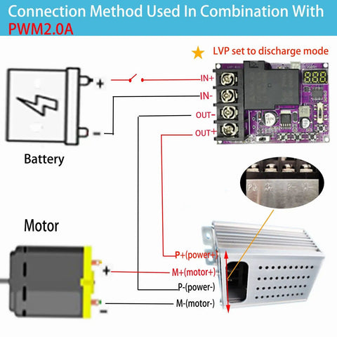 Wiring diagram showing connection for 2 In 1 Low Voltage Protector For Batteries, 40A DC 5V To 60V Cutoff, with motor and battery setup.