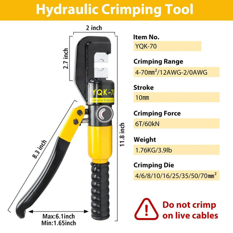 Heavy Duty Hydraulic Crimping Tool And Cutter Set Including Nine Swappable Dies, Six Ton Cable Crimper YQK-70 with specs and dimensions.