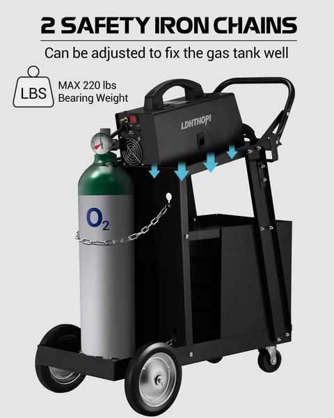 Heavy Duty Welding Cart Built To Haul Four Drawers On Wheels For Mig Welder Up To 220 Lbs For Mig Tig And Plasma Cutter Durable Rust Resistant Steel Construction with safety chains and gas cylinder