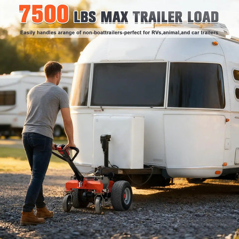 Man using Super Duty Electric Trailer Dolly with 6 Wheels boosting 7500 max load for RVs on gravel terrain.